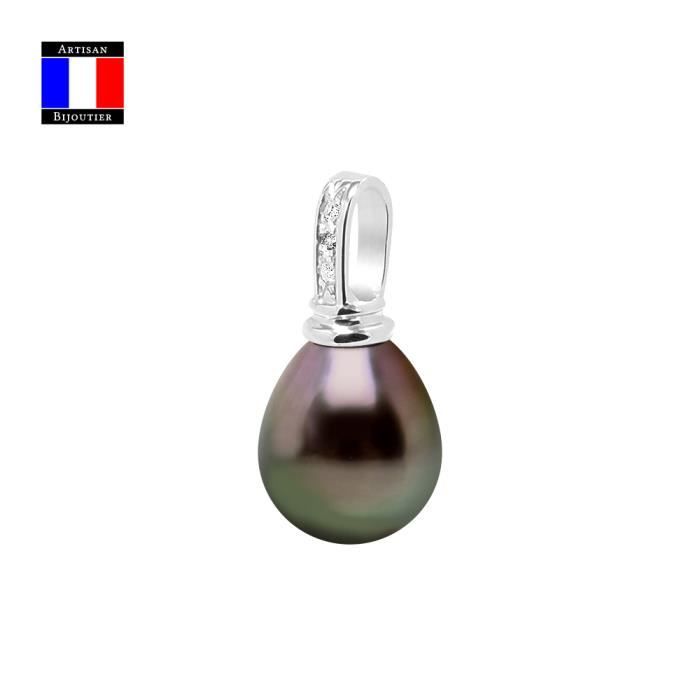 Compagnie Générale des Perles - Pendentif Diamants 0.03 Cts Véritable Perle de Tahiti Poire 9-10 mm Or Blanc 18 Cts - Bijou Femme