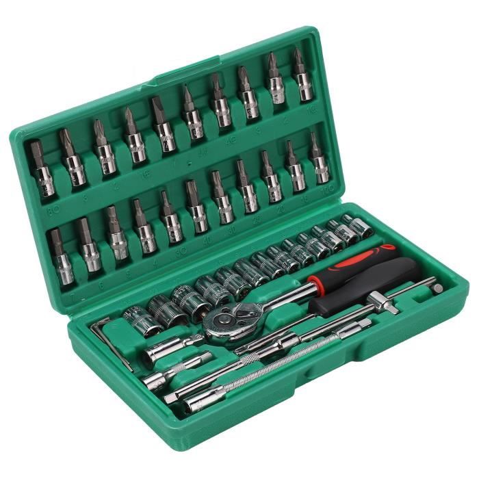 Kit De Douilles 46 Pièces 1/4 Pouce Avec Clé à Cliquet - Jeu D'outils Voiture, Métrique Et Standard, étui Rouge