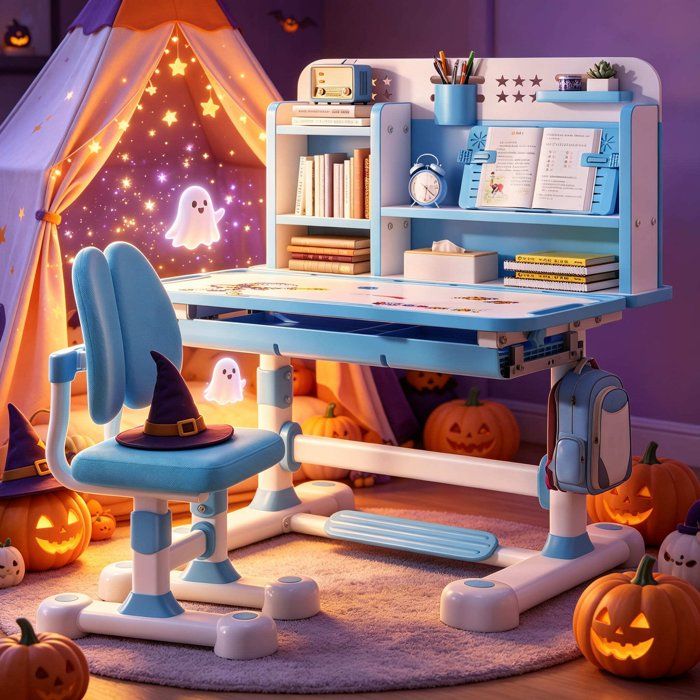 Bureau et chaise pour enfant FLASIDU avec support de lecture casier crochet et porte stylo - Hauteur réglable - 117*110*50cm - Bleu