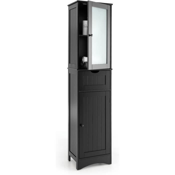 GIANTEX Meuble Colonne de Salle de Bain 170 cm avec 1 Tiroir et 2 Portes en Verre Trempé Armoire Haute 2 Étagères Réglables Noir