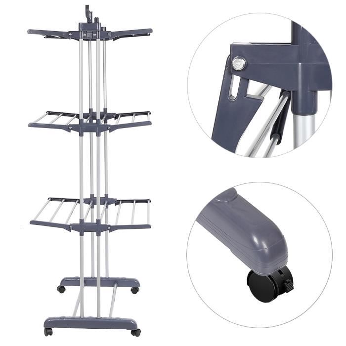 Étendoir à Linge 4 Niveaux Pliable - Avec Roulettes, Acier Inoxydable, Gris Et Noir