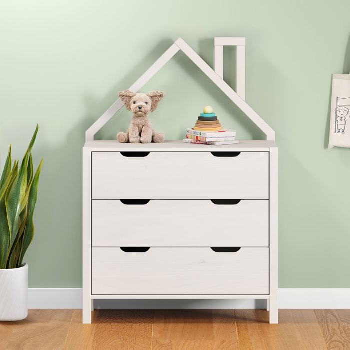 Commode Enfant ELANO en Bois Massif blanc avec 3 Tiroirs de Rangement 84 x 120 x 41 cm Meuble Chambre