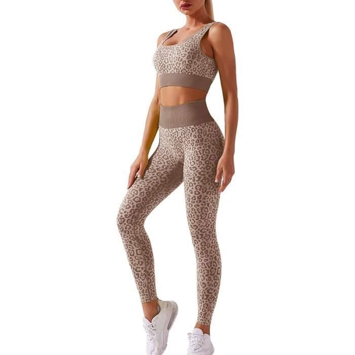 MARSEE Vêtement de Sport Femme 2Pcs Ensembles Soutien-Gorge Sport et Leggings de Yoga Tenue Dentraînement pour Running brun