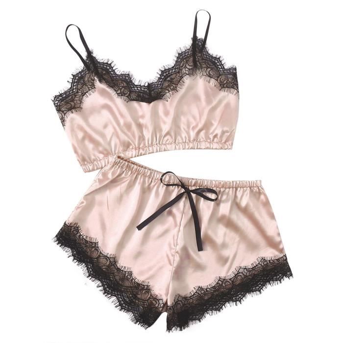 Ensemble Satin Pyjama Femme 3 Pièces Dentelle - Nuisette, Camisole, Shorts Et Pantalon Pour Détente