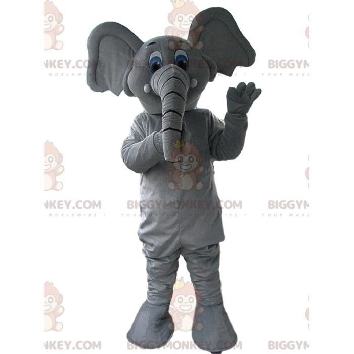 Mascotte d'éléphant gris, en tenue bleue et jaune dans Mascottes Elephant
