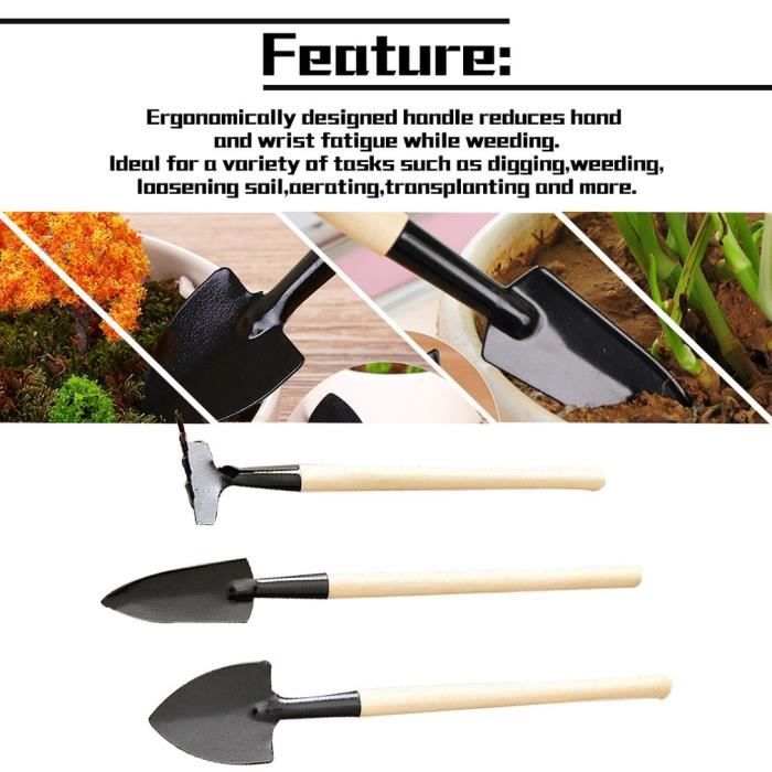 Set 3 Mini Outils De Jardin – Pelle, Râteau, Houe – Bois Et Fer – 18 Cm – Noir – Jardinage, Camping, Extérieur