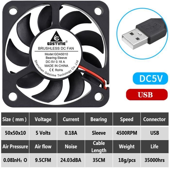 Ventilateur PC 50x50x10mm 12V - Roulement à Manchon - Marque Gembird - Neuf