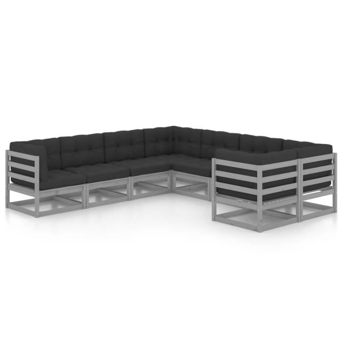 Salon de jardin 8 pcs avec coussins Gris Bois de pin massif - SALALIS ...