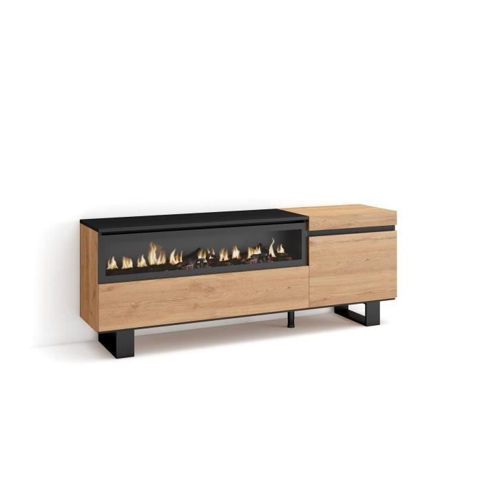 Meuble TV Banc Télé 150x35x57cm Pour les TV jusquà 65 Cheminée électrique Design industriel Chêne et noir RF2431