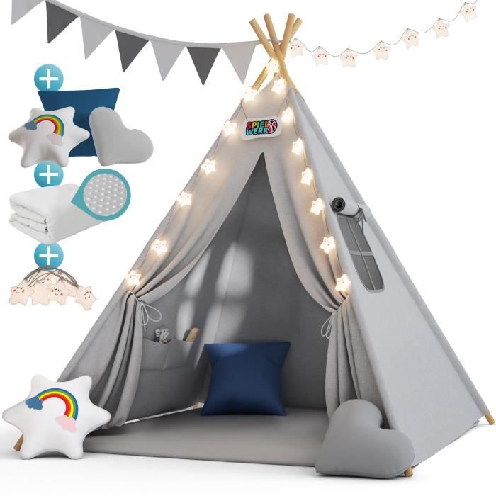 Tipi enfant Spielwerk - Tente de jeu avec tapis, guirlande lumineuse, 3  coussins et sac de transport - Gris - Cdiscount Jeux - Jouets