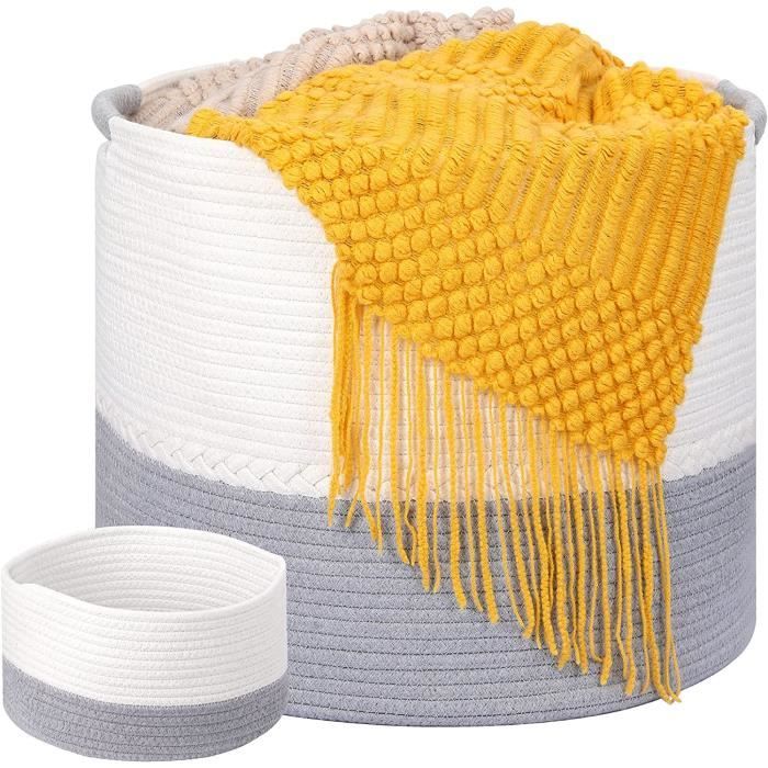 Panier De Rangement En Corde De Coton Avec Pompons Décoratifs - 28x28x8 Cm - Pour Jouets, Couvertures, Linge - Blanc Ou Café - 7