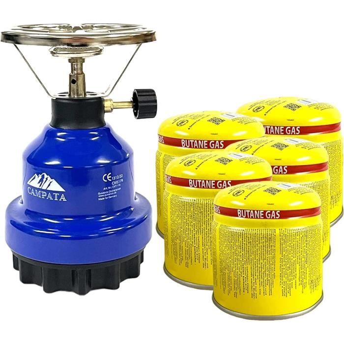 ALPEN CAMPING Réchaud Gaz Portable + 4 Cartouches + Malette – Allumage Piézo, 2,2 KW, Fait Bouillir 0,5 L En 3 Min – Idéal Camping, Pêche, Camion
