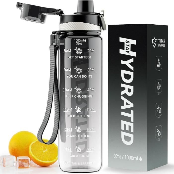 Grsta Gourde 1.5L Sport Sans BPA - Bouteille Graduée Avec Filtre Et Marqueur Temps - Noir Rouge