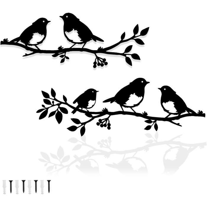 Décoration Murale Oiseaux Métal Pduoduo - Lot De 2 - Silhouette Sur Branche - Noir - Jardin Ou Intérieur