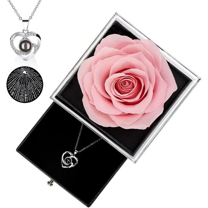 Coffret Cadeau Rose Avec Fleur Préservée Et Collier "I Love You" En 100 Langues - Idéal Anniversaire, Saint-Valentin, Noël