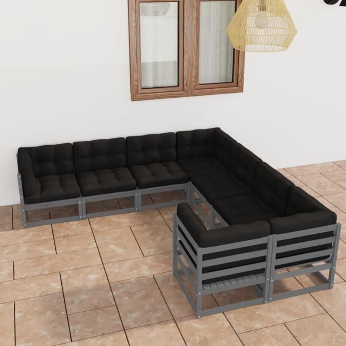 Salon de jardin 8 pcs avec coussins Gris Bois de pin massif - SALALIS ...