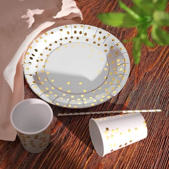 Vaisselle Jetable Blanc Et Or - 80 Pièces Pour 20 Invités - Assiettes, Serviettes, Pailles, Gobelets