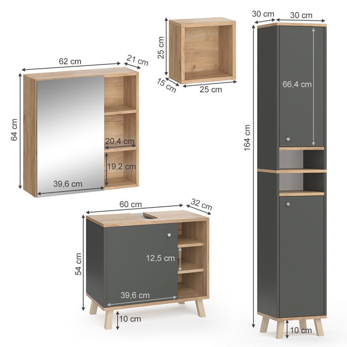 Vicco Irma Salle de bain 4 pièces Anthracite/Chêne