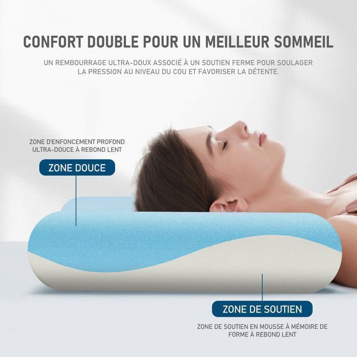 Oreiller Cervical Ergonomique Cervivia En Mousse Mémoire - Soutien Nuque Pour Dormeurs Dos Et Côté - Housse Lavable, 59x40x12 Cm