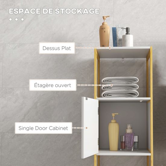 Colonne De Rangement Salle De Bain - 2 Placards + 2 Niches - Bambou Et Blanc - 33x33x170 Cm