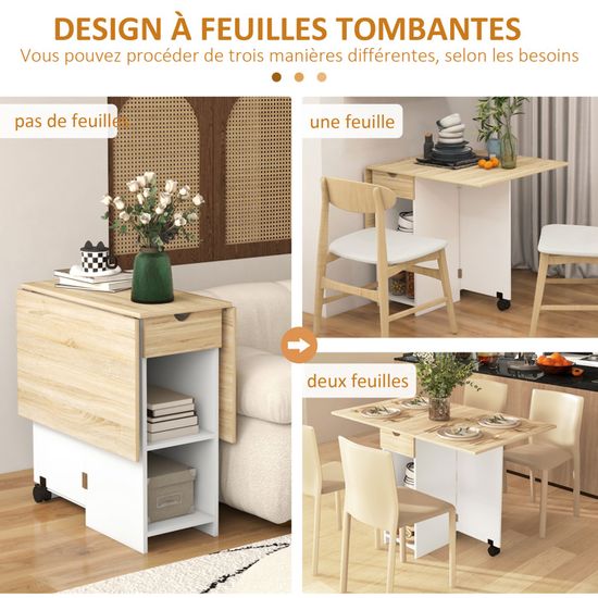 HOMCOM – Table à Manger Pliante, Table à Abattant Pour Petits Espaces Table Pliante Avec Tablettes De Rangement Pour Cuisine Salle A Manger Blanc