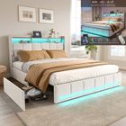 DANS LES NUAGES Lit 160x200 cm avec LED, lit adulte 160x200 cm avec sommier à lattes, ports USB et Type C, 4 tiroirs, tissu en lin, beige