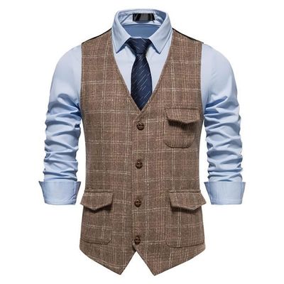 Gilet de Costume Homme a Carreaux Slim Fit Veste Business Sans Manches Col V Kaki Marron Adulte Homme Kaki Cdiscount Pret a Porter