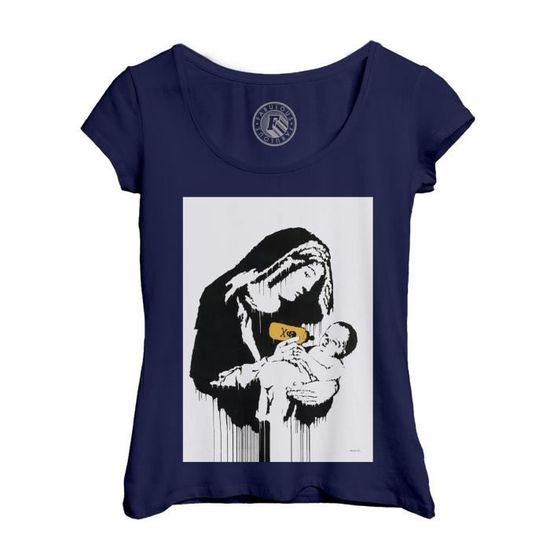 T-shirt Femme Col Echancré Bleu Banksy Vierge Marie Bebe Biberon