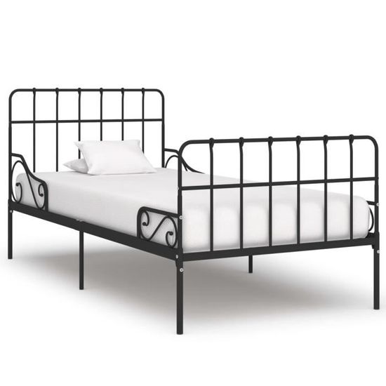 Chambre Cadre de lit simple 100x200 cm Lit enfant-adlulte pour 1 personne et sommier à lattes Noir Métal |7126