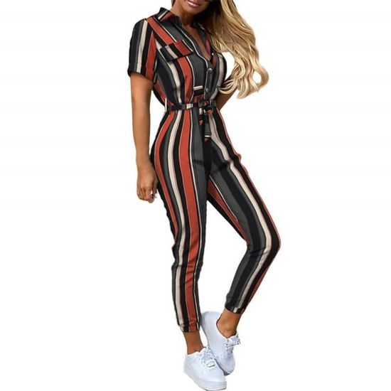 Combinaison Femme Manches Courtes - Jumpsuit Élégant Avec Ceinture - Polyester Léger