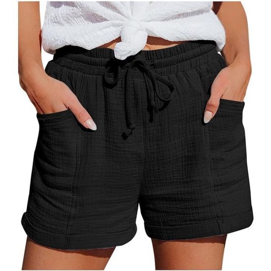 Shorts Femme En Coton-lin Taille Haute - Coupe Ample Avec Nœud De Ceinture Et Volants - Idéal été, Plage Et Quotidien