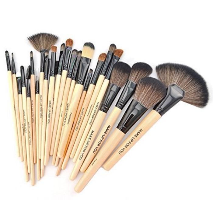 KanCai® Lot de 24 pinceaux maquillage professionnel manche en bois synthétique Pinceau à maquillage kit avec étui en cuir
