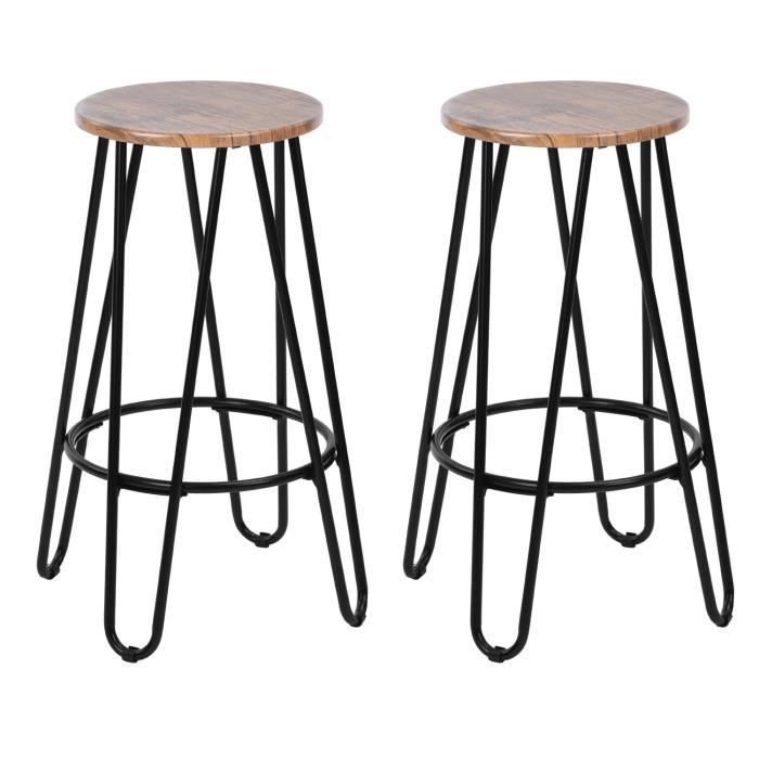Lot de 2 tabourets de bar industriel en bois et acier noir