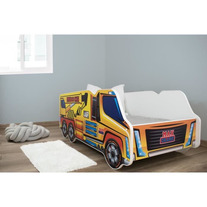 TRUCK - Lit d'enfant motif camion grue - 140x70cm - Lit + matelas + sommier - Meubles chambre d'enfant