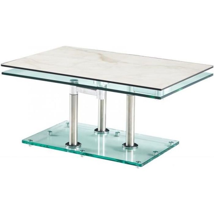 Table basse MATCH CERAMIQUE MARBLE 2 plateaux pivotants en verre piétement chrome blanc Marbre Inside75