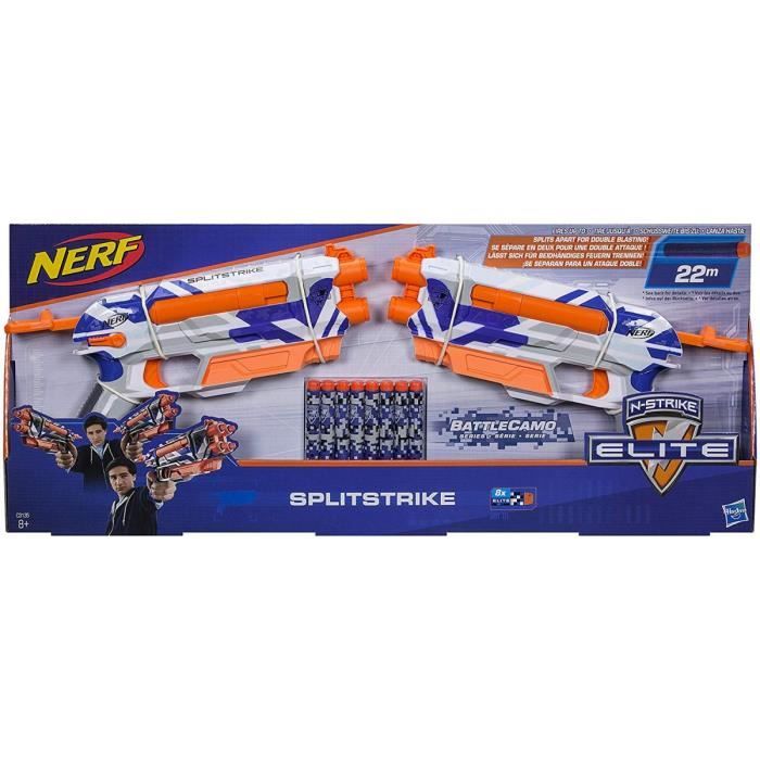 Jeu Plein Air Coffret 2 Pistolets Splitstrike Blanc BLeu Et Orange N-Strike Elite Avec 8 Flechettes - 2 en 1 - Jouet Enfant