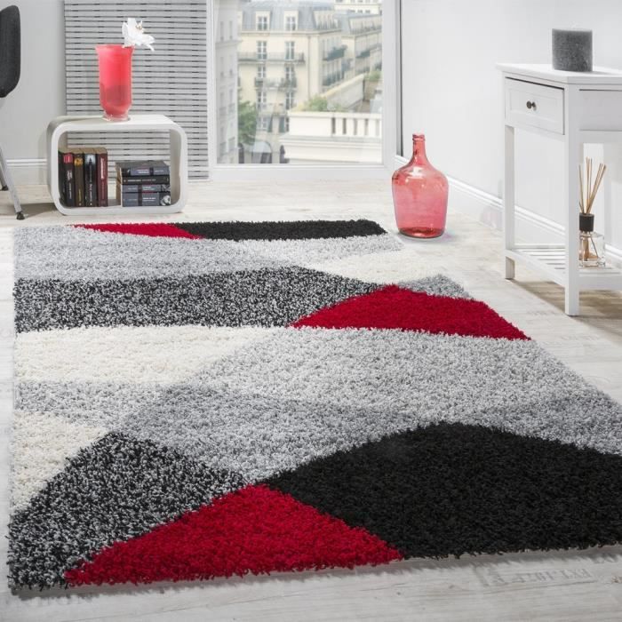 Tapis Shaggy - Longues mèches Hautes - Motifs gris, noir, blanc et rouge