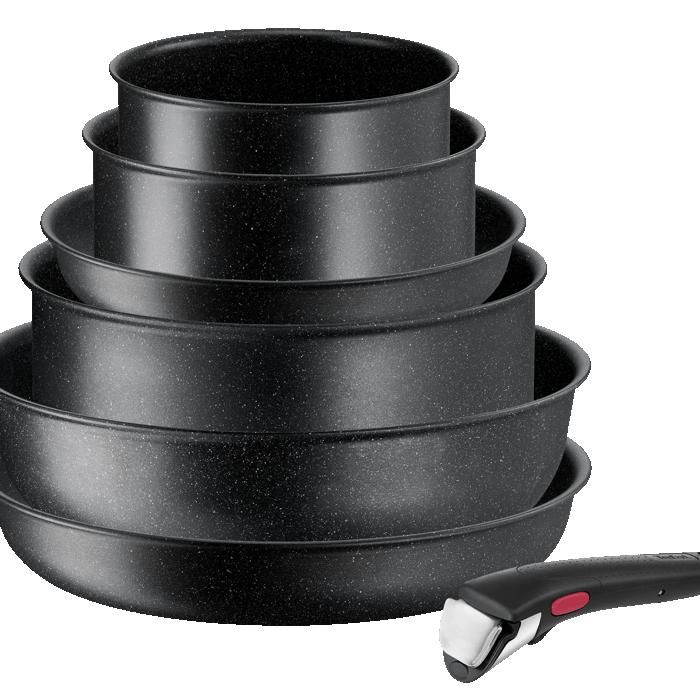 Tefal Ingenio Black Stone Batterie de cuisine 7 pièces Empilable Gain de place Revêtement antiadhésif Indicateur de température