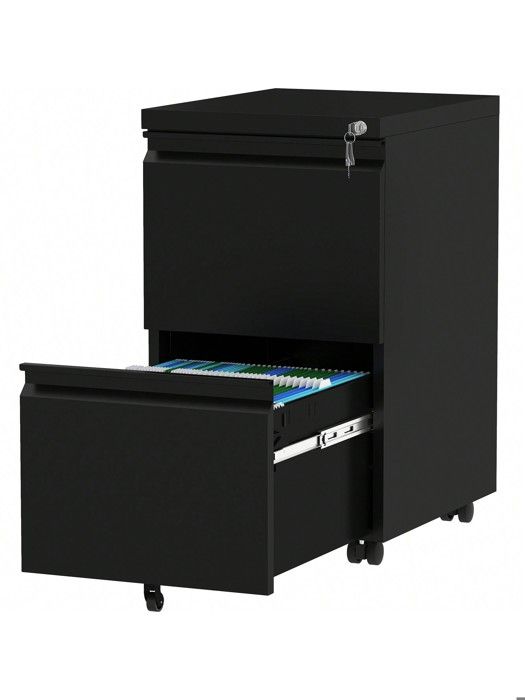 DWVO Caisson de bureau rangement bureau sur roulettes avec 2 Tiroirs en métal Verrouillable 51 x 39 x 71 cm Noir