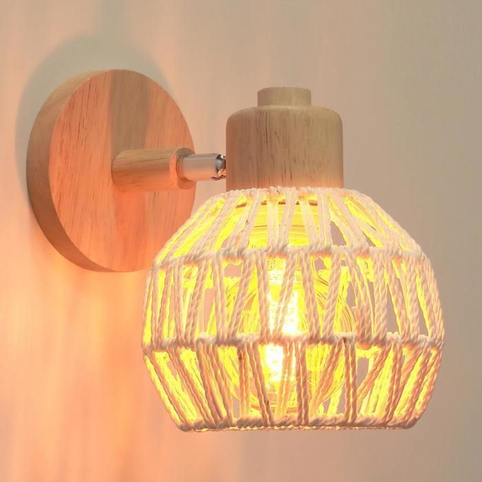 IDEGU Rétro Applique Murale Intérieur Lampe Murale en Bois et Rotin Blanc Vintage Luminaire Murale forme Sphérique pour Salon