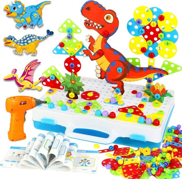 Kit De Perçage Enfant 224 Pièces – Perceuse électrique Et Outils – Jeu De Construction Dinosaur – Cadeau 3-5 Ans