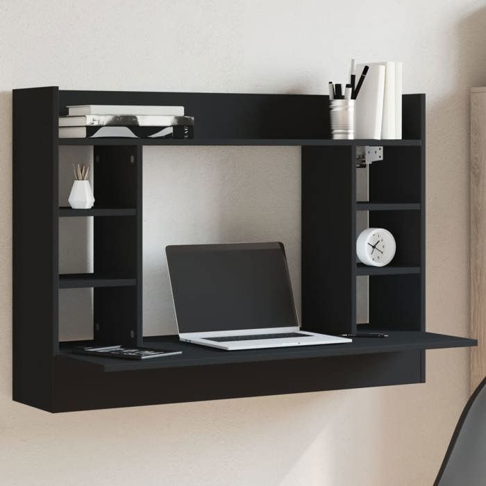 vidaXL Bureau mural noir 105x48x75 cm bois dingénierie table murale table suspendue murale bureau mural avec rangement 847969