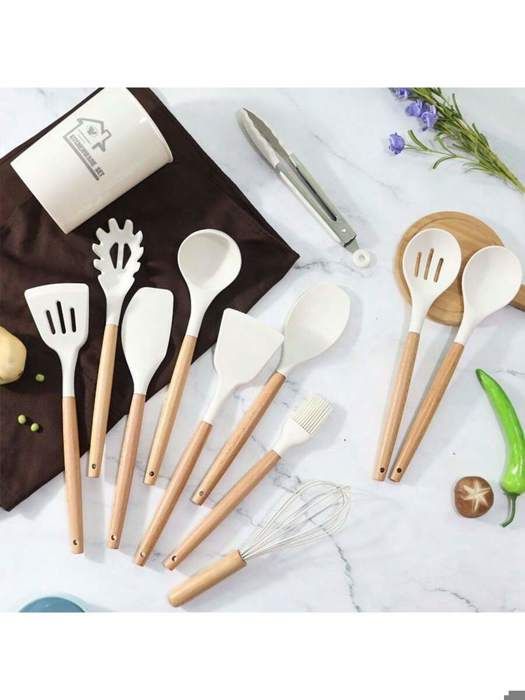 Acheter Ustensiles De Cuisine En Silicone Gris, Ustensiles De Cuisine Antiadhésifs, Spatule Louche Batteurs D'œufs Pelle Cuillère Ensemble D' Ustensiles à Soupe
