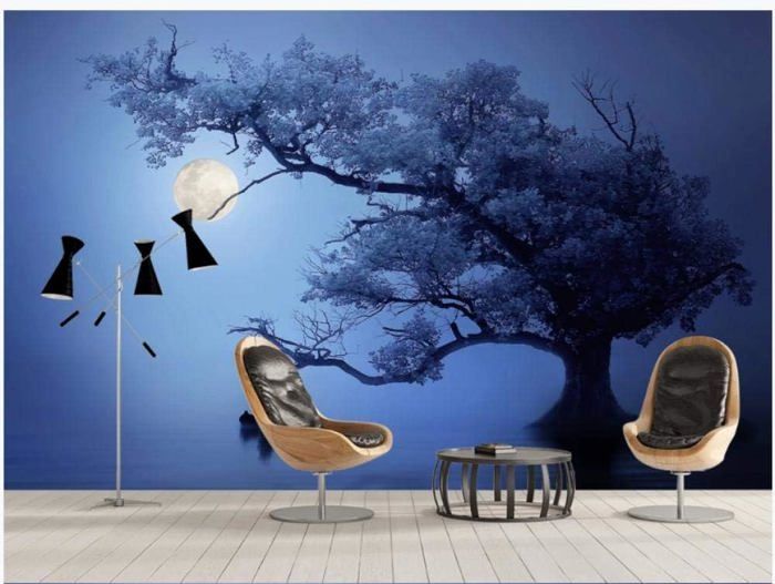 Papier Peint Panoramique 3D Intissé Murales Arbre De Nuit De Lune Bleue ...