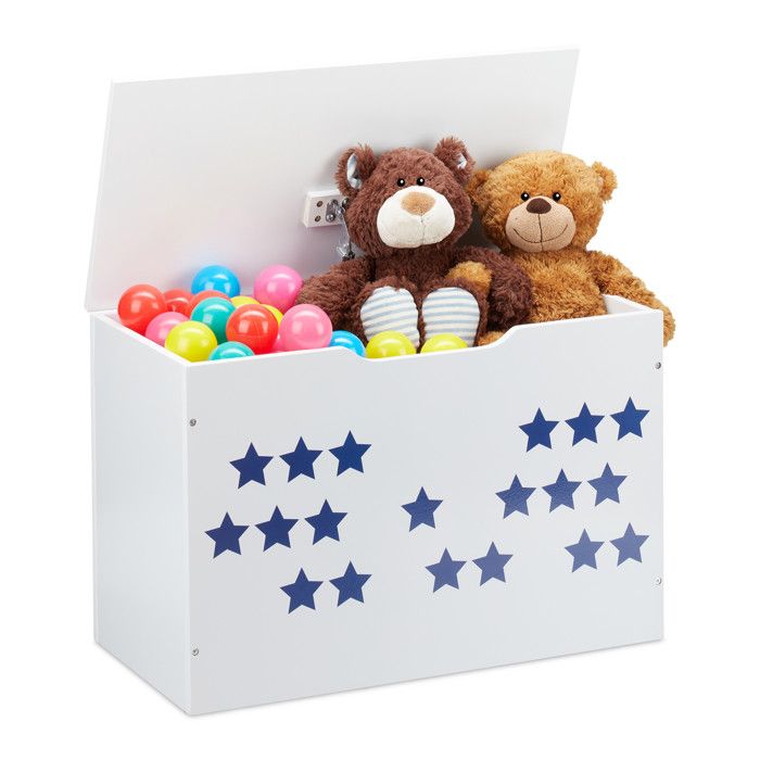 Relaxdays Coffre à jouets avec couvercle rangement pour enfant design étoilé caisse à jeux 40x60x30 cm blanc/bleu