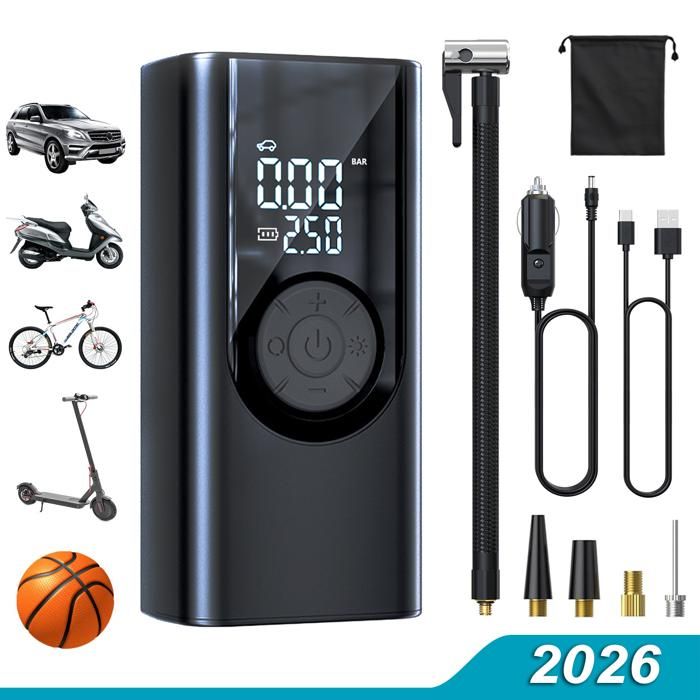 Gonfleur Pneu Voiture Sans Fil Compresseur à Air Portatif 150psi - avec Éclairage - Double Écran LCD - 4500mAh - Arrêt intelligent