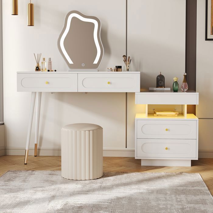 Coiffeuse avec Miroir LED 140×40×130cm - avec Éclairage Intégré 4 Grands Tiroirs et Compartiment Ouvert - Blanc (Sans Tabouret)