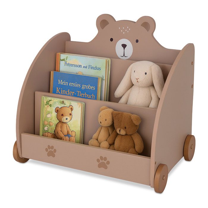 Étagère à livres Relaxdays pour enfants ours H x L x P : 58 x 60 x 40 cm avec roulettes coins arrondis MDF marron
