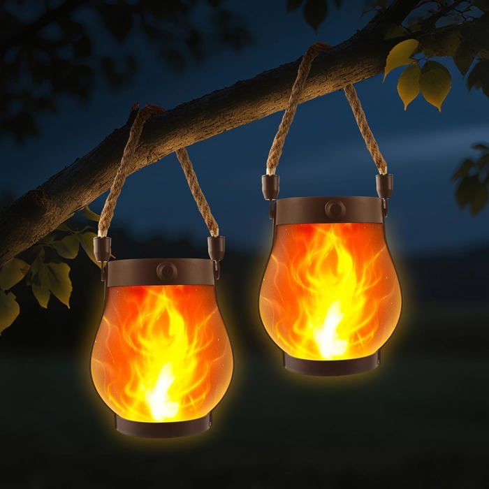 Lampe Solaire Extérieur Suspendue Étanche IP65 - 2 pièces Lanterne Jardin Flamme Réaliste Auto Détection pour Terrasse