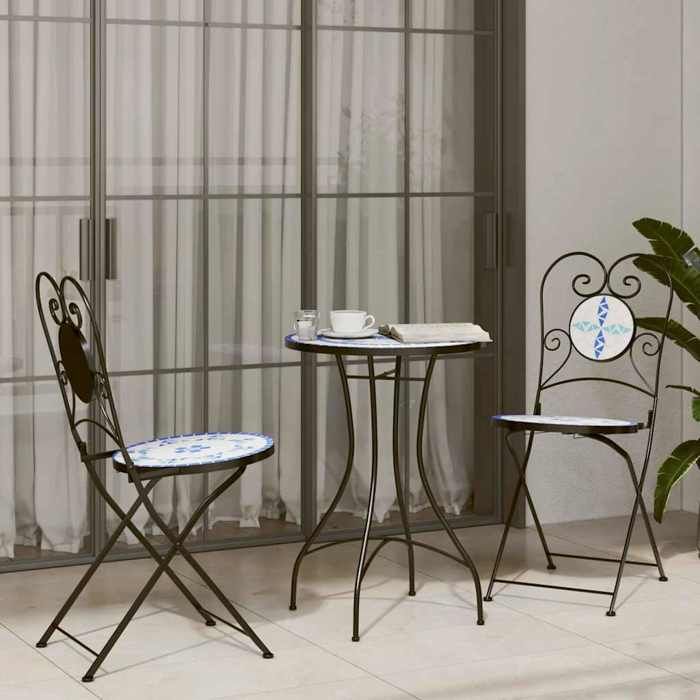 Ensemble de bistro mosaïque - vidaXL - Bleu et blanc - Fer et céramique - Table 50x70 cm - Chaises 38x455x895 cm